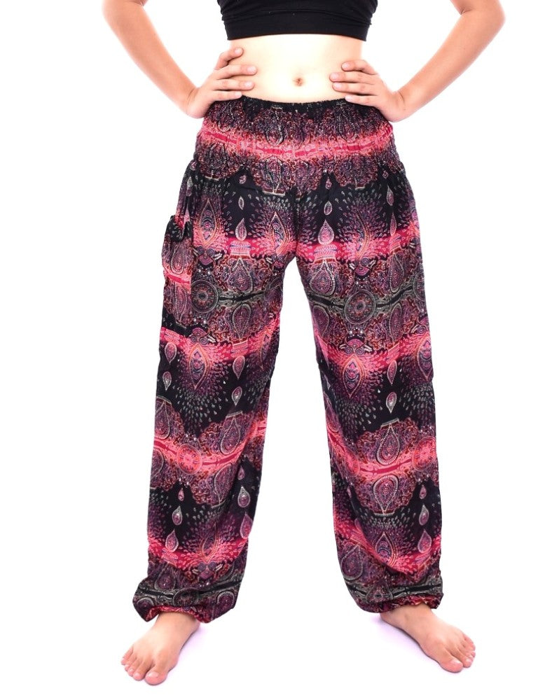 Bohotusk Pink Teardrop Print Elasticated Smocked Waist Womens Harem Pants S/M to LXL