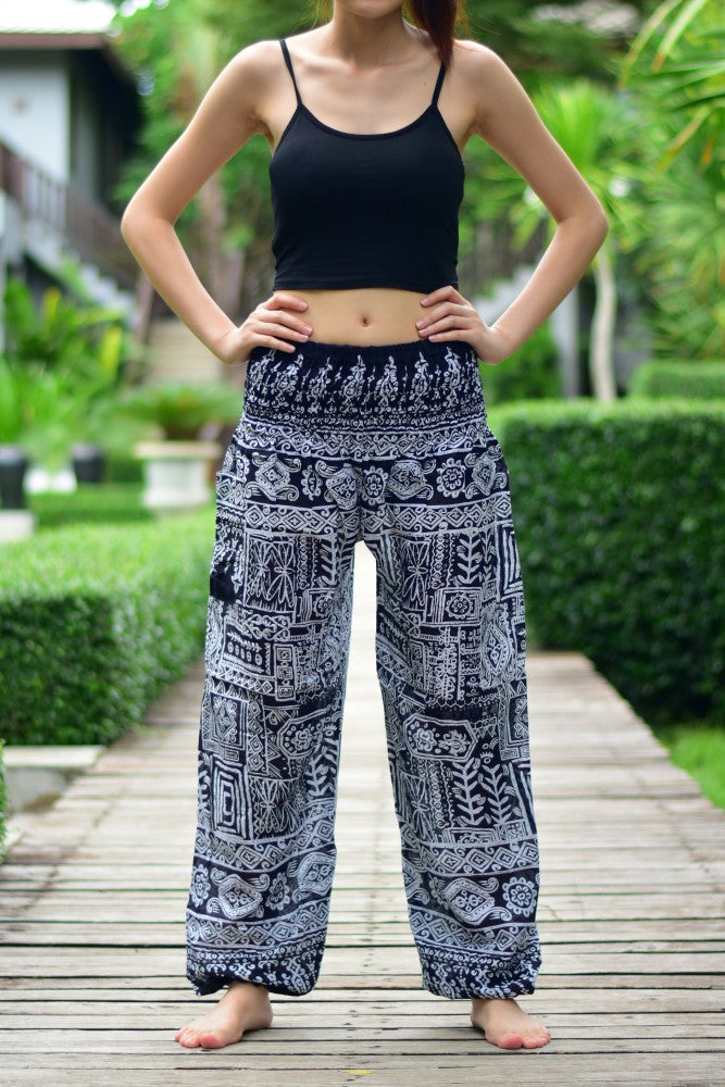 Bohotusk Black Forest Print Elasticated Smocked Waist Womens Harem Pants S/M to L/XL