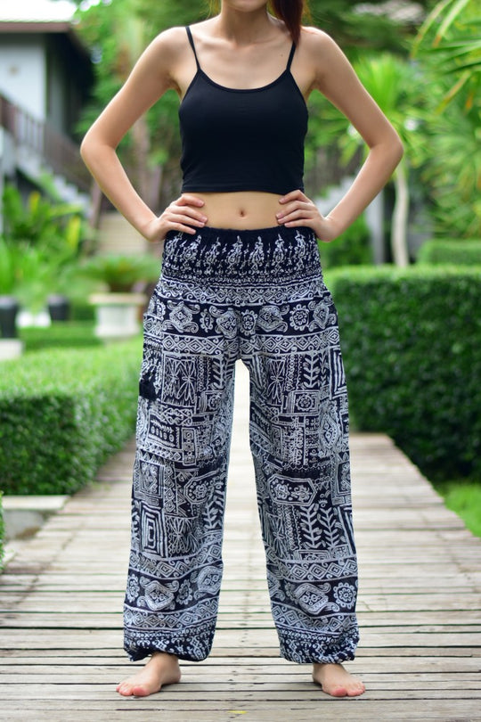 Bohotusk Black Forest Print Elasticated Smocked Waist Womens Harem Pants S/M to L/XL