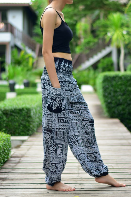 Bohotusk Black Forest Print Elasticated Smocked Waist Womens Harem Pants S/M to L/XL
