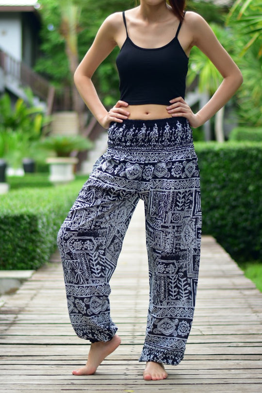 Bohotusk Black Forest Print Elasticated Smocked Waist Womens Harem Pants S/M to L/XL