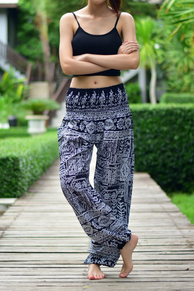 Bohotusk Black Forest Print Elasticated Smocked Waist Womens Harem Pants S/M to L/XL