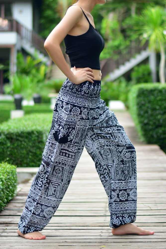 Bohotusk Black Forest Print Elasticated Smocked Waist Womens Harem Pants S/M to L/XL