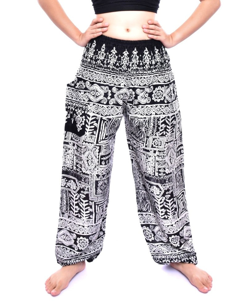 Bohotusk Black Forest Print Elasticated Smocked Waist Womens Harem Pants S/M to L/XL