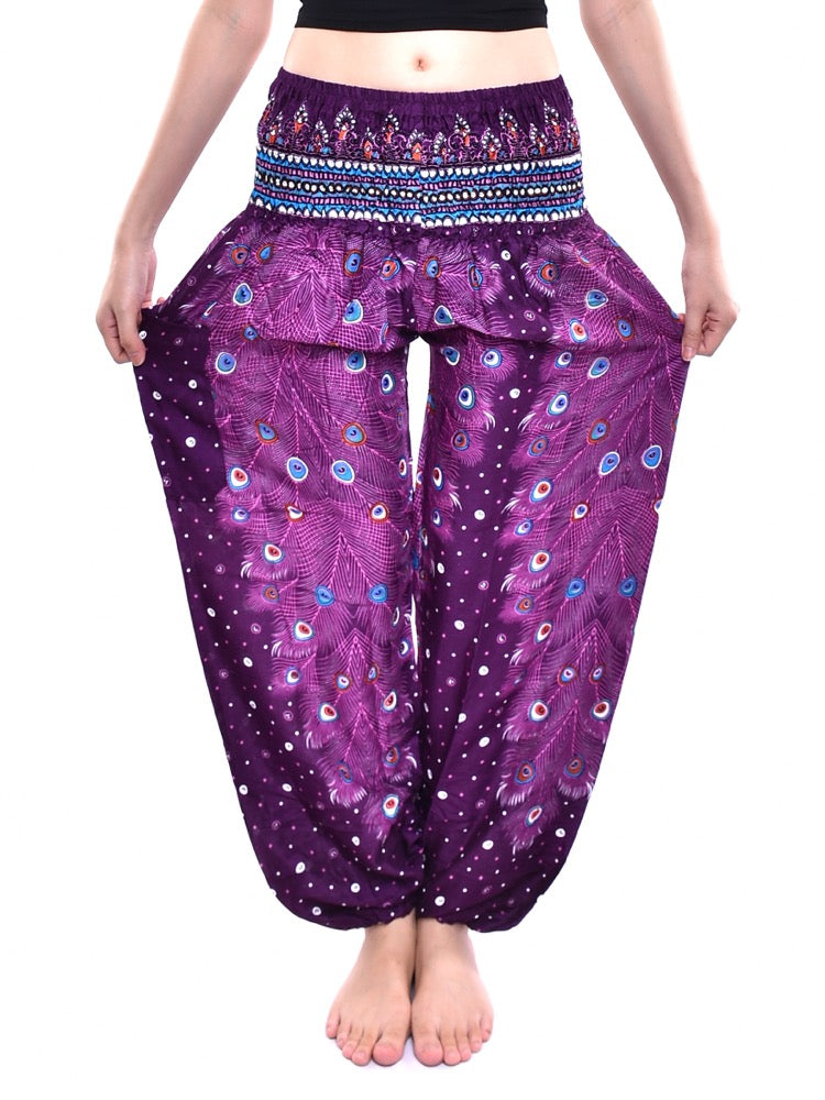 Bohotusk Purple Peacock Print Elasticated Smocked Waist Womens Harem Pants S/M