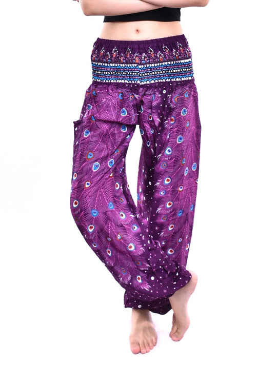 Bohotusk Purple Peacock Print Elasticated Smocked Waist Womens Harem Pants S/M
