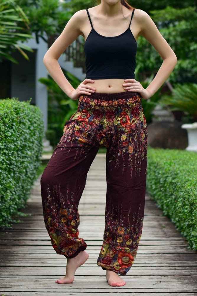 Bohotusk Brown Floral Print Elasticated Smocked Waist Womens Harem Pants S/M Only