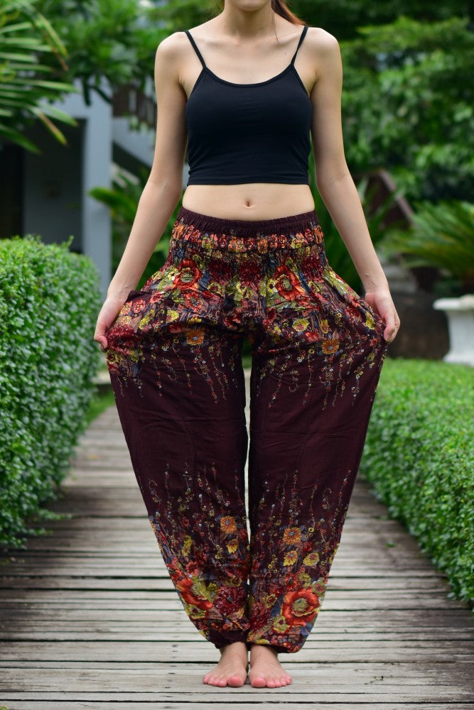 Bohotusk Brown Floral Print Elasticated Smocked Waist Womens Harem Pants S/M Only