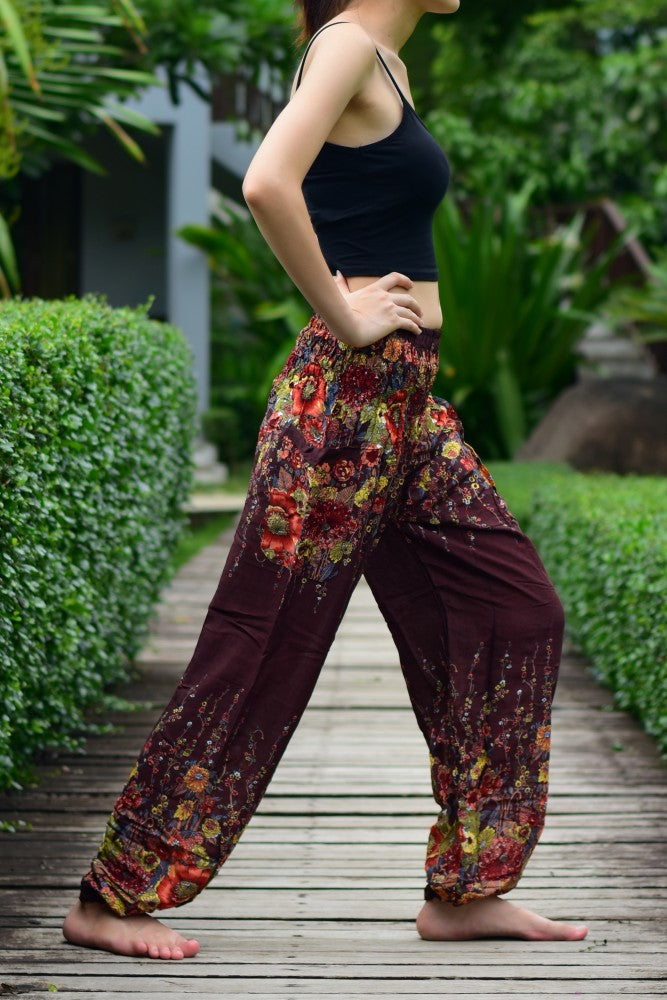 Bohotusk Brown Floral Print Elasticated Smocked Waist Womens Harem Pants S M Only