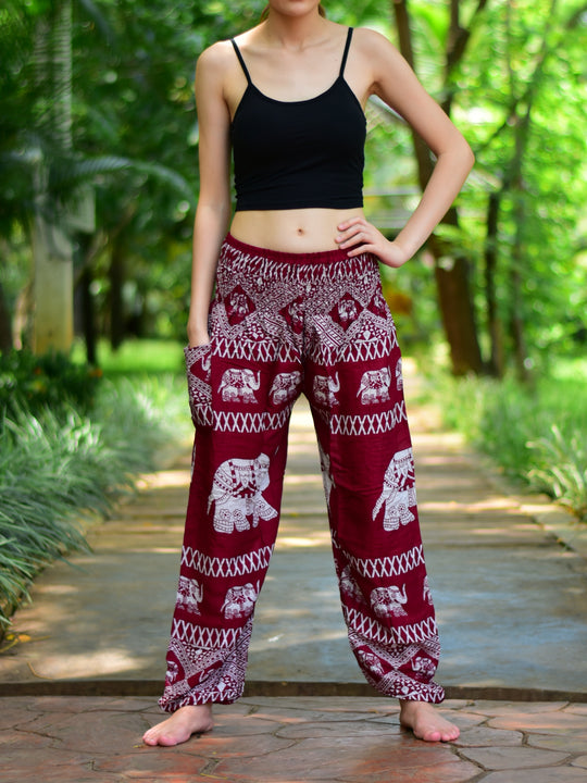 Bohotusk Red Elephant Bull Print Elasticated Smocked Waist Womens Harem Pants S/M to 3XL