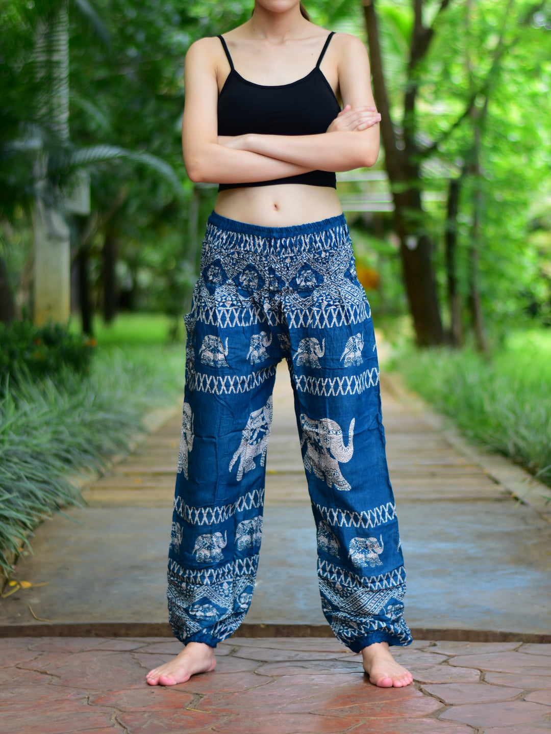 Bohotusk Teal Elephant Bull Print Elasticated Smocked Waist Womens Harem Pants S/M to 3XL