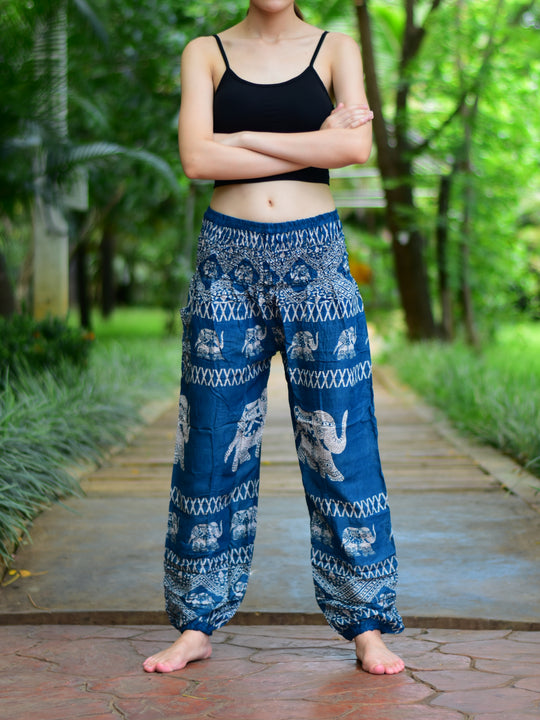 Bohotusk Teal Elephant Bull Print Elasticated Smocked Waist Womens Harem Pants S/M to 3XL