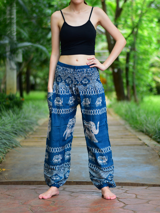 Bohotusk Teal Elephant Bull Print Elasticated Smocked Waist Womens Harem Pants S/M to 3XL