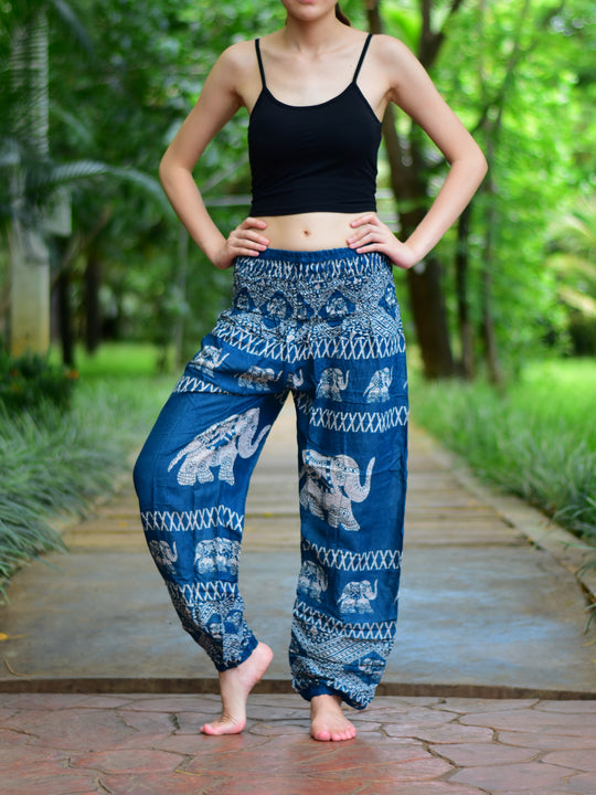 Bohotusk Teal Elephant Bull Print Elasticated Smocked Waist Womens Harem Pants S/M to 3XL