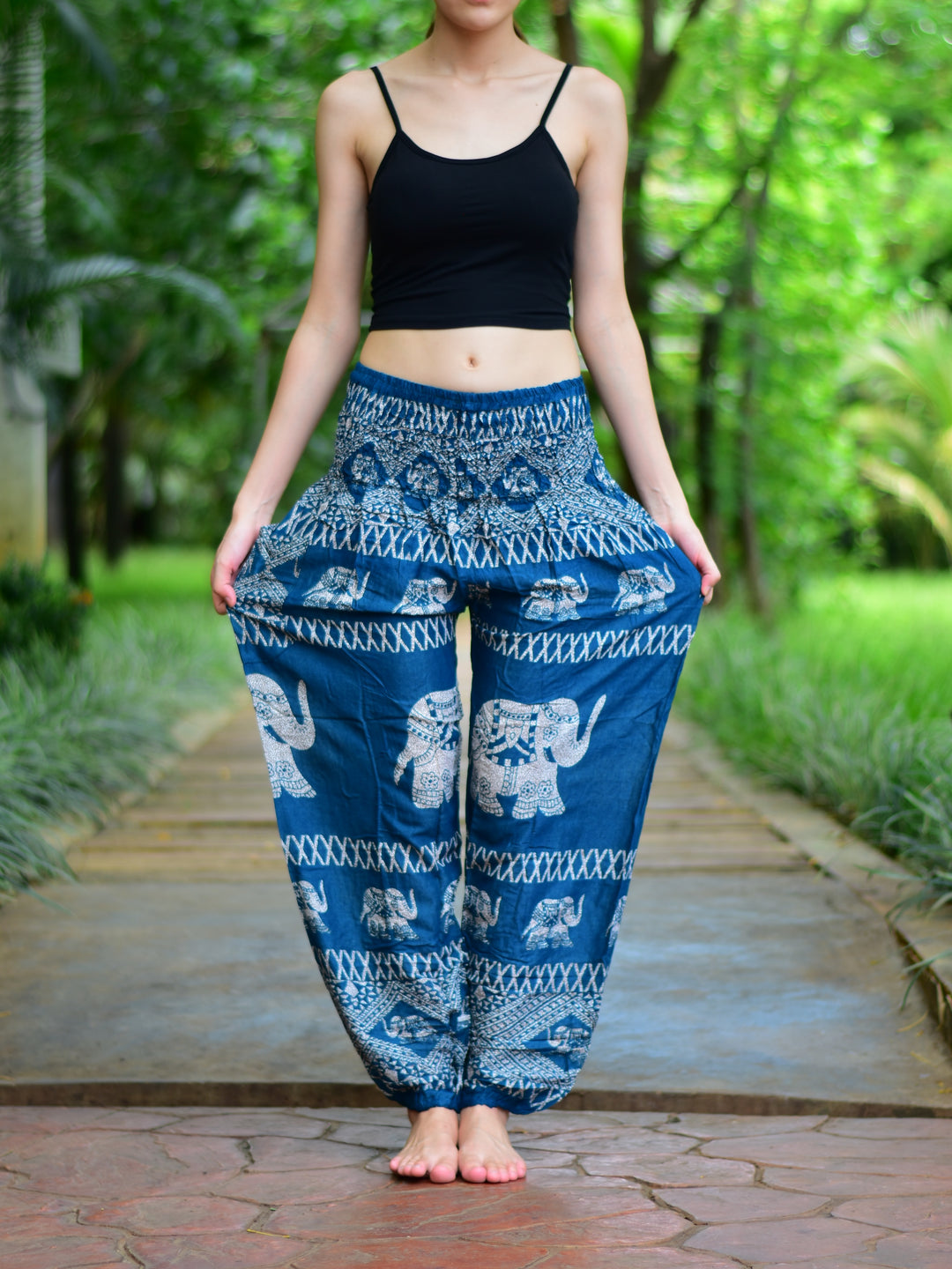 Bohotusk Teal Elephant Bull Print Elasticated Smocked Waist Womens Harem Pants S/M to 3XL