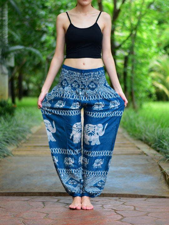 Bohotusk Teal Elephant Bull Print Elasticated Smocked Waist Womens Harem Pants S/M to 3XL