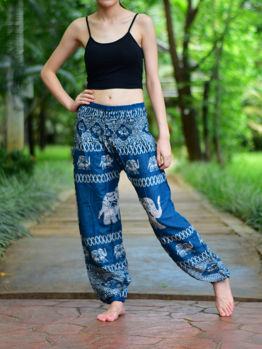 Bohotusk Teal Elephant Bull Print Elasticated Smocked Waist Womens Harem Pants S/M to 3XL
