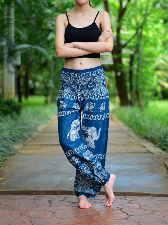 Bohotusk Teal Elephant Bull Print Elasticated Smocked Waist Womens Harem Pants S/M to 3XL