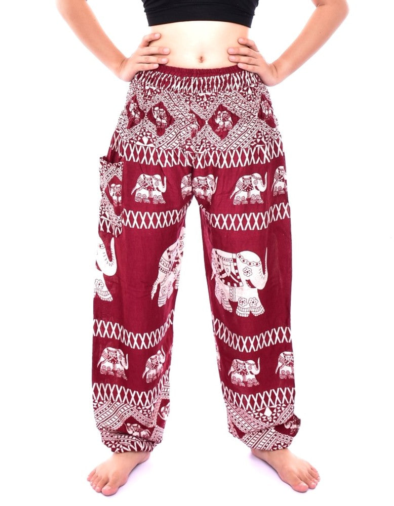 Bohotusk Red Elephant Bull Print Elasticated Smocked Waist Womens Harem Pants S/M to 3XL