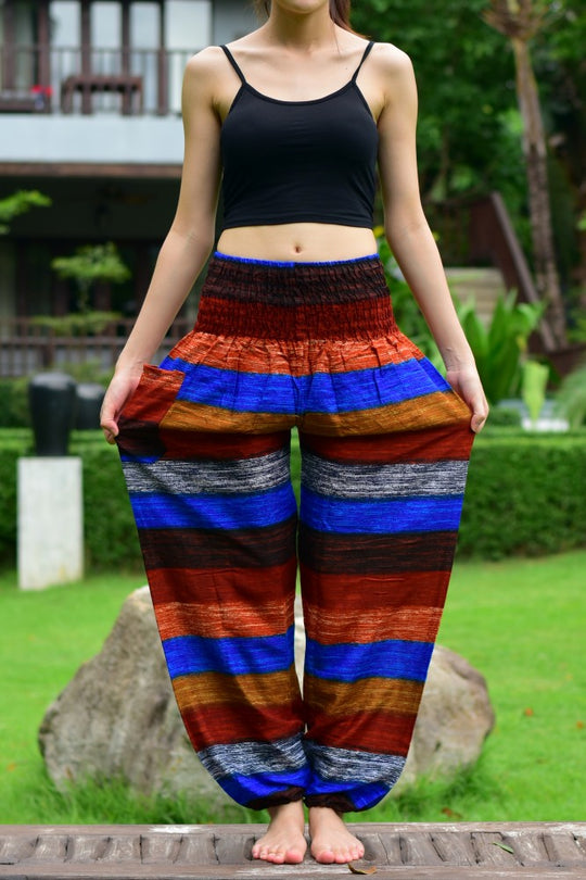 Bohotusk Brown Multi Stripe Print Elasticated Smocked Waist Womens Harem Trousers