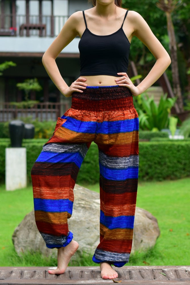 Bohotusk Brown Multi Stripe Print Elasticated Smocked Waist Womens Harem Pants S/M