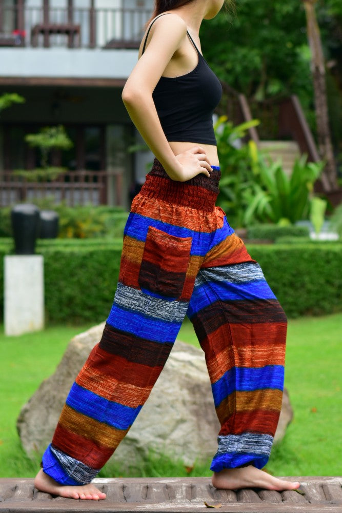 Bohotusk Brown Multi Stripe Print Elasticated Smocked Waist Womens Harem Pants S/M