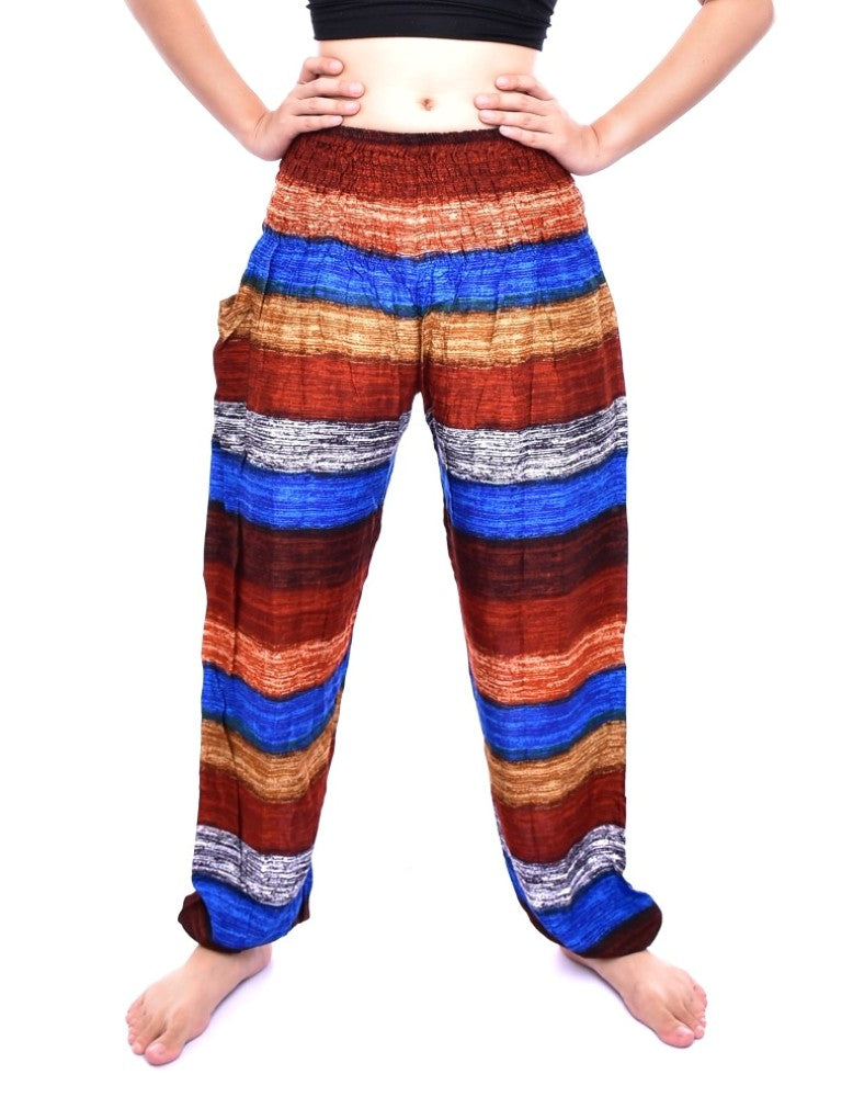 Bohotusk Brown Multi Stripe Print Elasticated Smocked Waist Womens Harem Pants S/M
