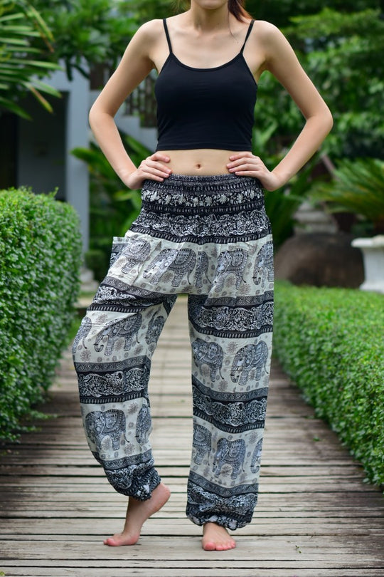 Bohotusk Black Elephant Herd Print Elasticated Smocked Waist Womens Harem Trousers S/M to L/XL