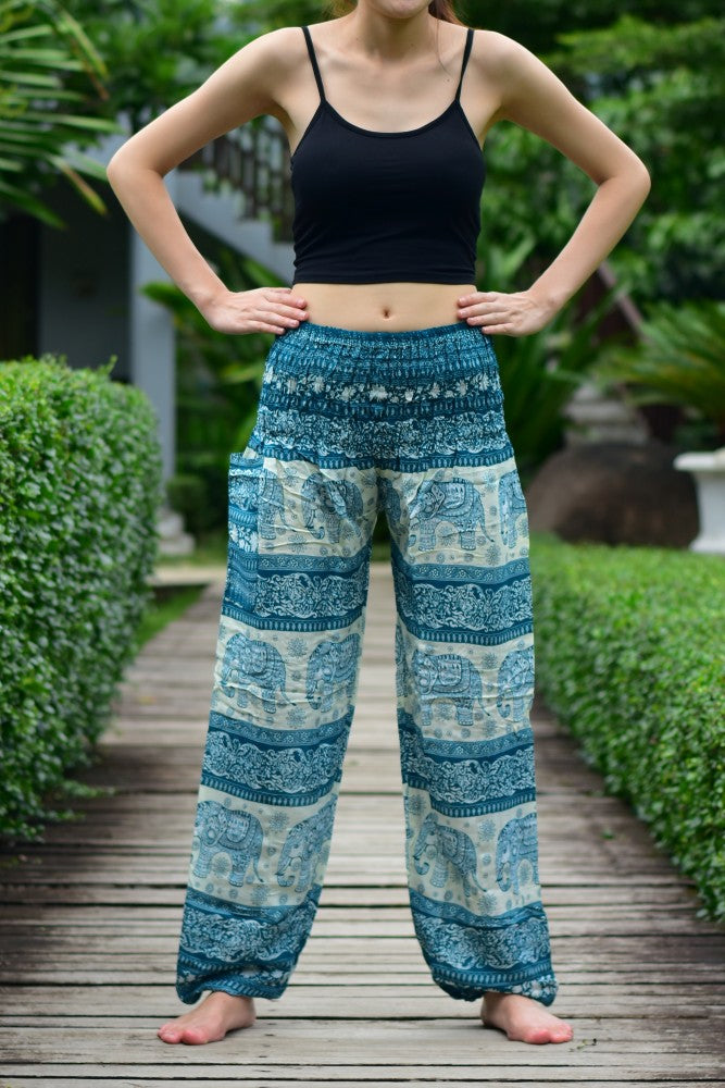Bohotusk Green Elephant Herd Print Elasticated Smocked Waist Womens Harem Trousers S/M Only