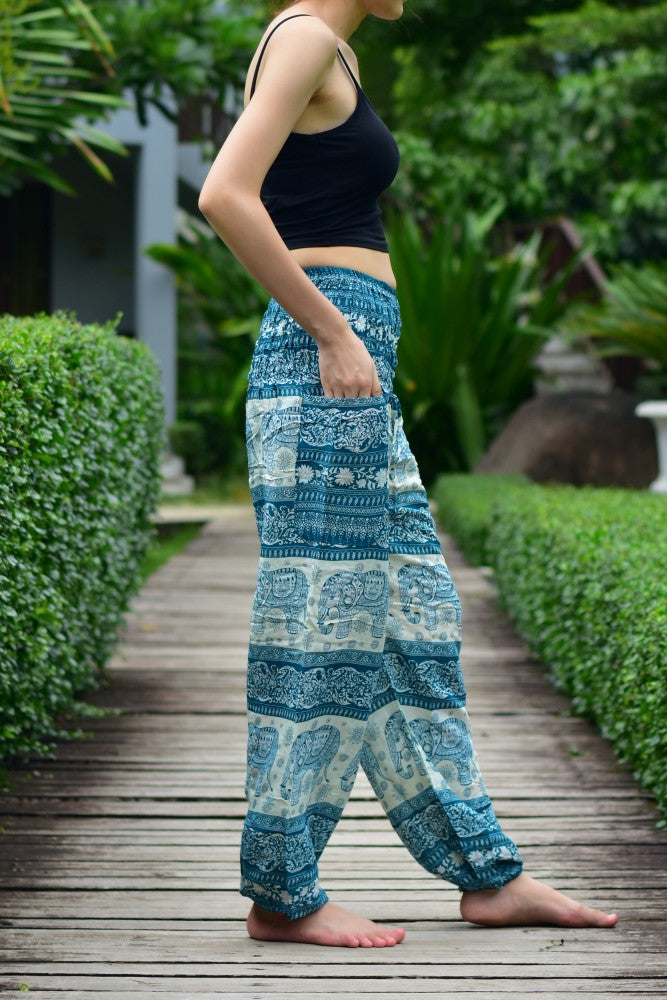 Bohotusk Green Elephant Herd Print Elasticated Smocked Waist Womens Harem Trousers S/M Only