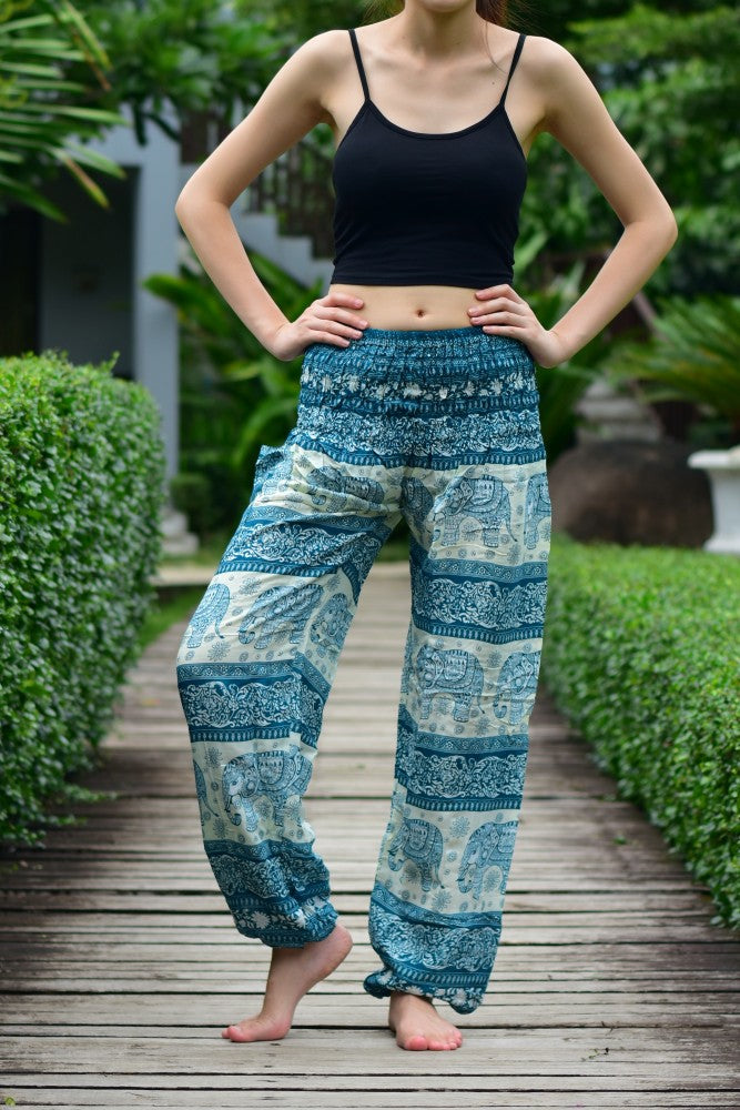 Bohotusk Green Elephant Herd Print Elasticated Smocked Waist Womens Harem Trousers S/M Only