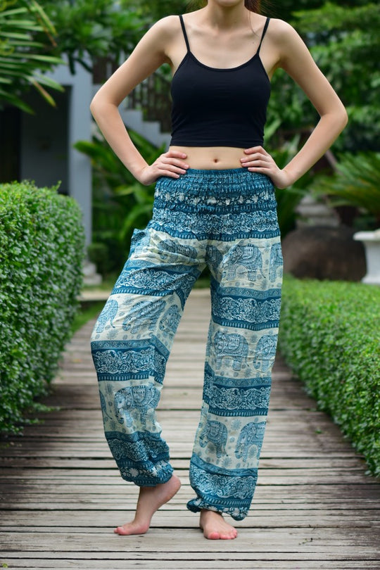 Bohotusk Green Elephant Herd Print Elasticated Smocked Waist Womens Harem Trousers S/M Only