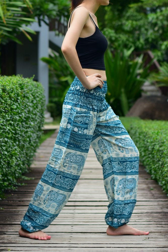 Bohotusk Green Elephant Herd Print Elasticated Smocked Waist Womens Harem Trousers S/M Only