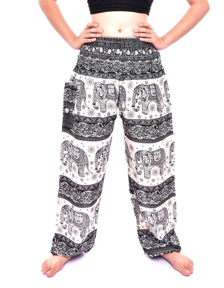 Bohotusk Black Elephant Herd Print Elasticated Smocked Waist Womens Harem Trousers Alternative Maternity Trouser