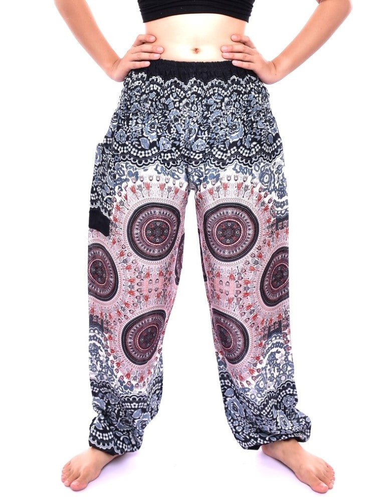 Bohotusk White Sun Glow Print Elasticated Smocked Waist Womens Harem Pants S/M