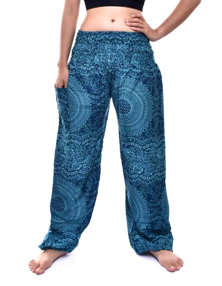 Bohotusk Blue Night Glow Elasticated Smocked Waist Womens Harem Trousers Alternative Maternity Trouser