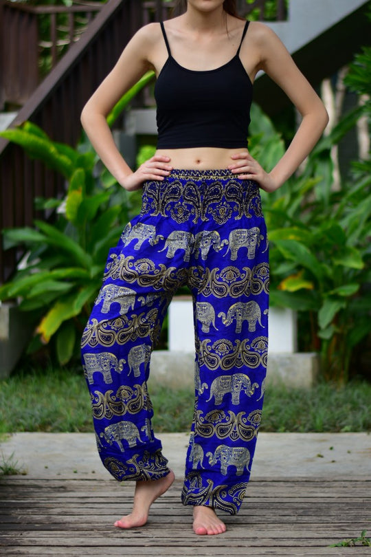 Bohotusk Blue Elephant Grassland Print Womens Petite Fit Harem Pants UK Size 4