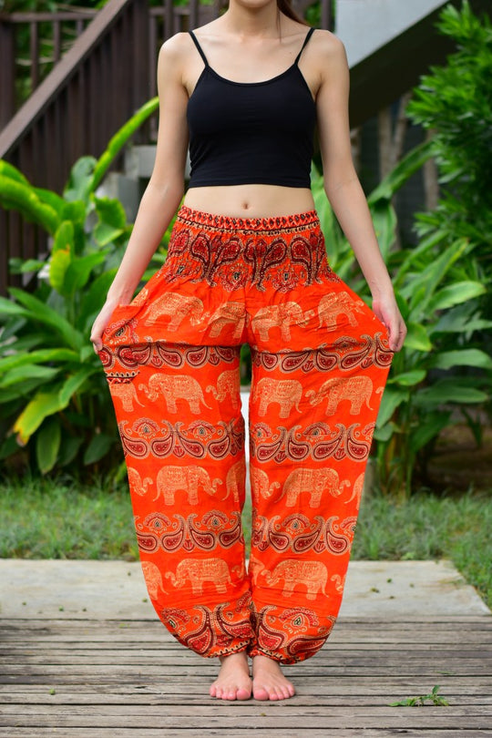 Bohotusk Orange Elephant Grassland Print Elasticated Smocked Waist Womens Harem Pants S/M to L/XL