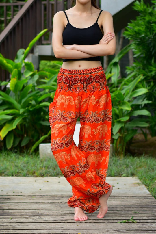 Bohotusk Orange Elephant Grassland Print Elasticated Smocked Waist Womens Harem Pants S/M to L/XL