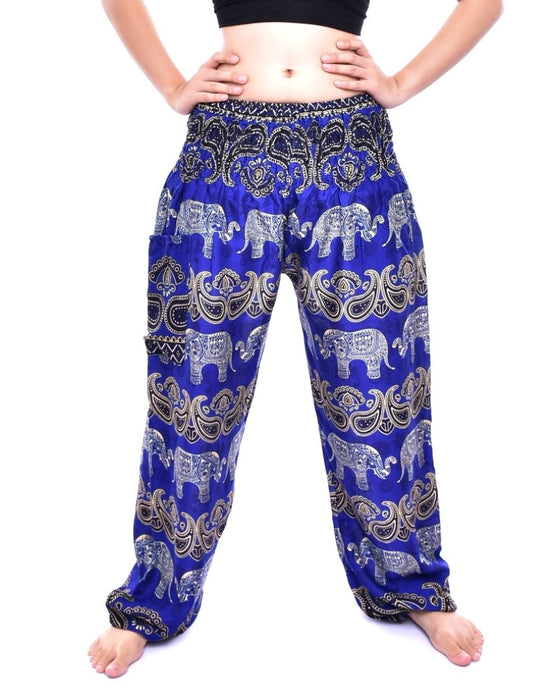 Bohotusk Blue Elephant Grassland Print Elasticated Smocked Waist Womens Harem Pants S/M to 3XL