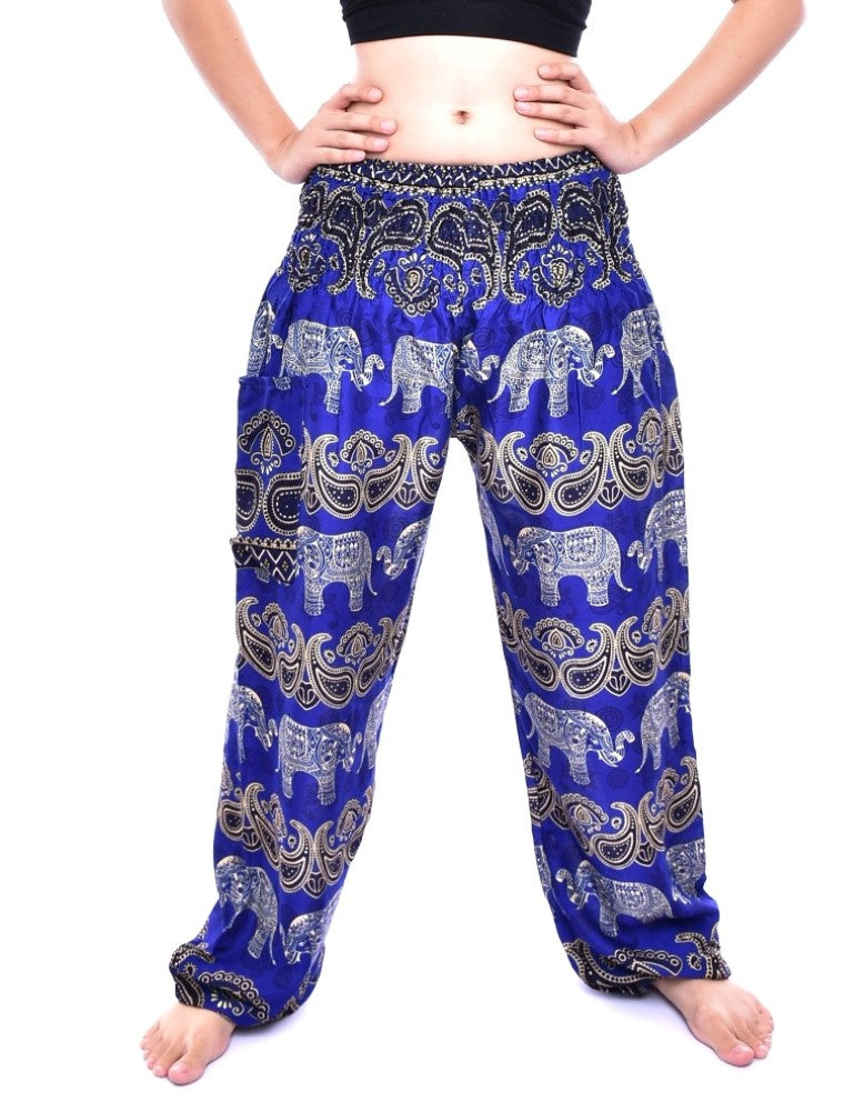 Bohotusk Blue Elephant Grassland Print Womens Petite Fit Harem Pants UK Size 4