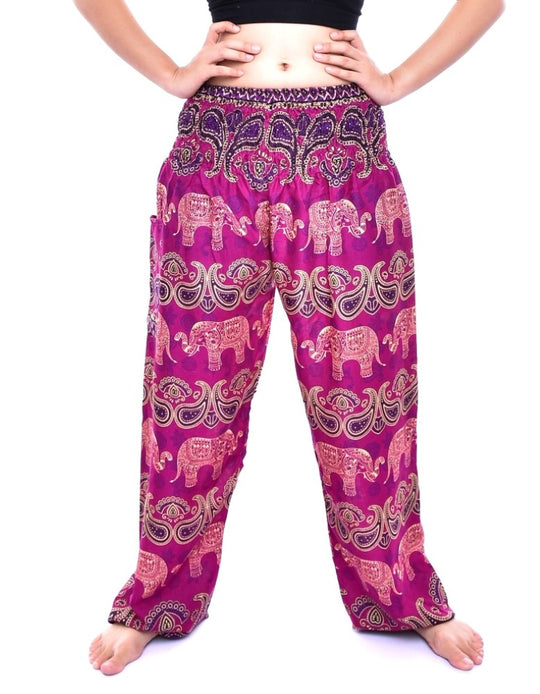 Bohotusk Pink Elephant Grassland Print Elasticated Smocked Waist Womens Harem Trousers Alternative Maternity Trouser