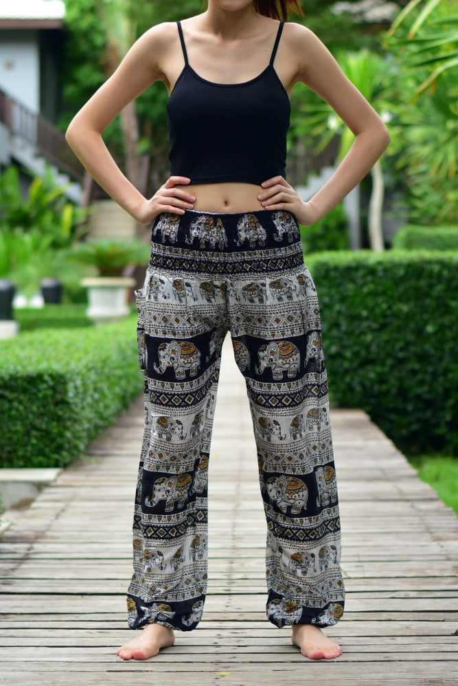 Bohotusk Black Elephant Savannah Print Elasticated Smocked Waist Womens Harem Pants S/M to L/XL