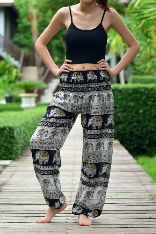 Bohotusk Black Elephant Savannah Print Elasticated Smocked Waist Womens Harem Pants S/M Only