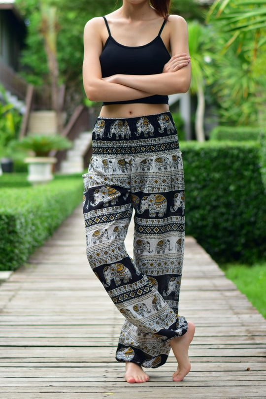 Bohotusk Black Elephant Savannah Print Elasticated Smocked Waist Womens Harem Pants S/M Only
