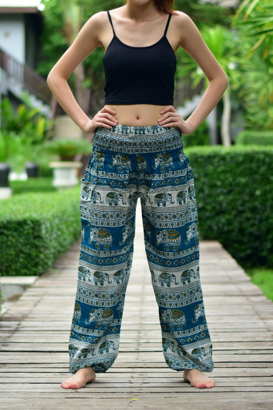 Bohotusk Green Elephant Savannah Print Elasticated Smocked Waist Womens Harem Pants S/M