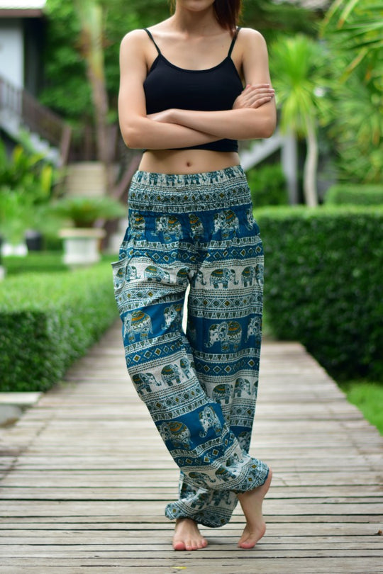 Bohotusk Green Elephant Savannah Print Elasticated Smocked Waist Womens Harem Pants S/M