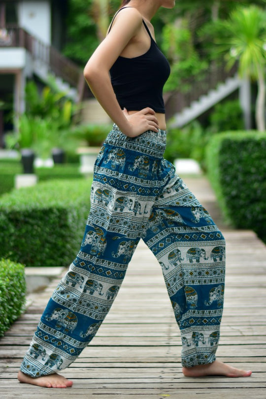 Bohotusk Green Elephant Savannah Print Elasticated Smocked Waist Womens Harem Pants S/M