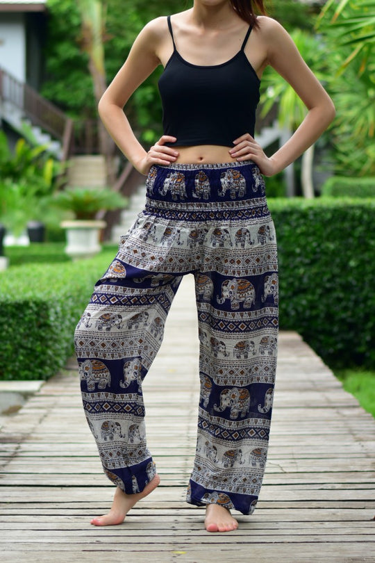 Bohotusk Navy Blue Elephant Savannah Print Elasticated Smocked Waist Womens Harem Pants S/M to LXL