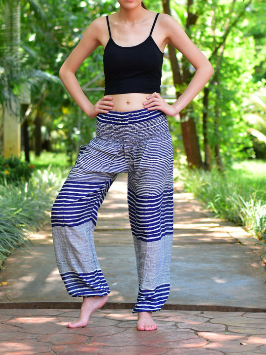 Bohotusk Navy Blue Patch Stripe Print Elasticated Smocked Waist Womens Harem Pants S/M to 3XL